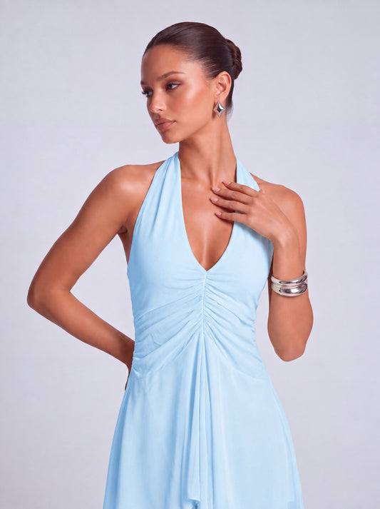 Halter Deep-V Ruched Open-Side Flowy Mini Dress – Party & Cocktail Dress - Baby Blue - View 2