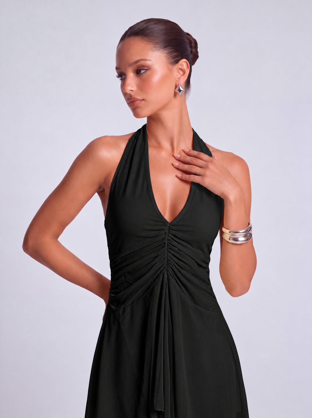 Halter Deep-V Ruched Open-Side Flowy Mini Dress – Party & Cocktail Dress - Black - View 2