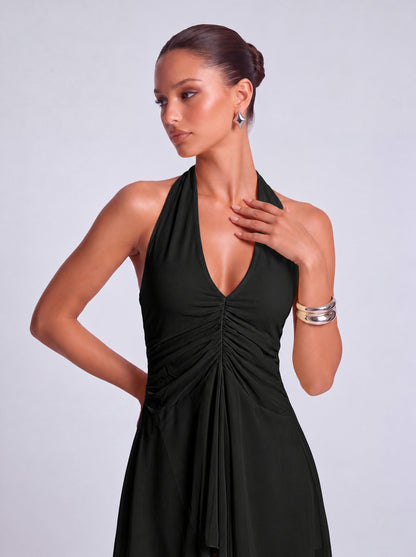 Halter Deep-V Ruched Open-Side Flowy Mini Dress – Party & Cocktail Dress - Black - View 2