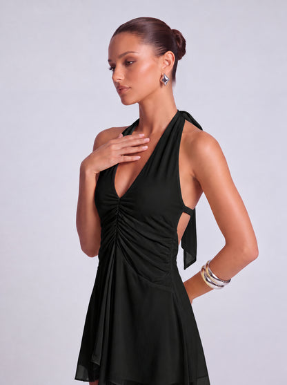 Halter Deep-V Ruched Open-Side Flowy Mini Dress – Party & Cocktail Dress - Black - View 3