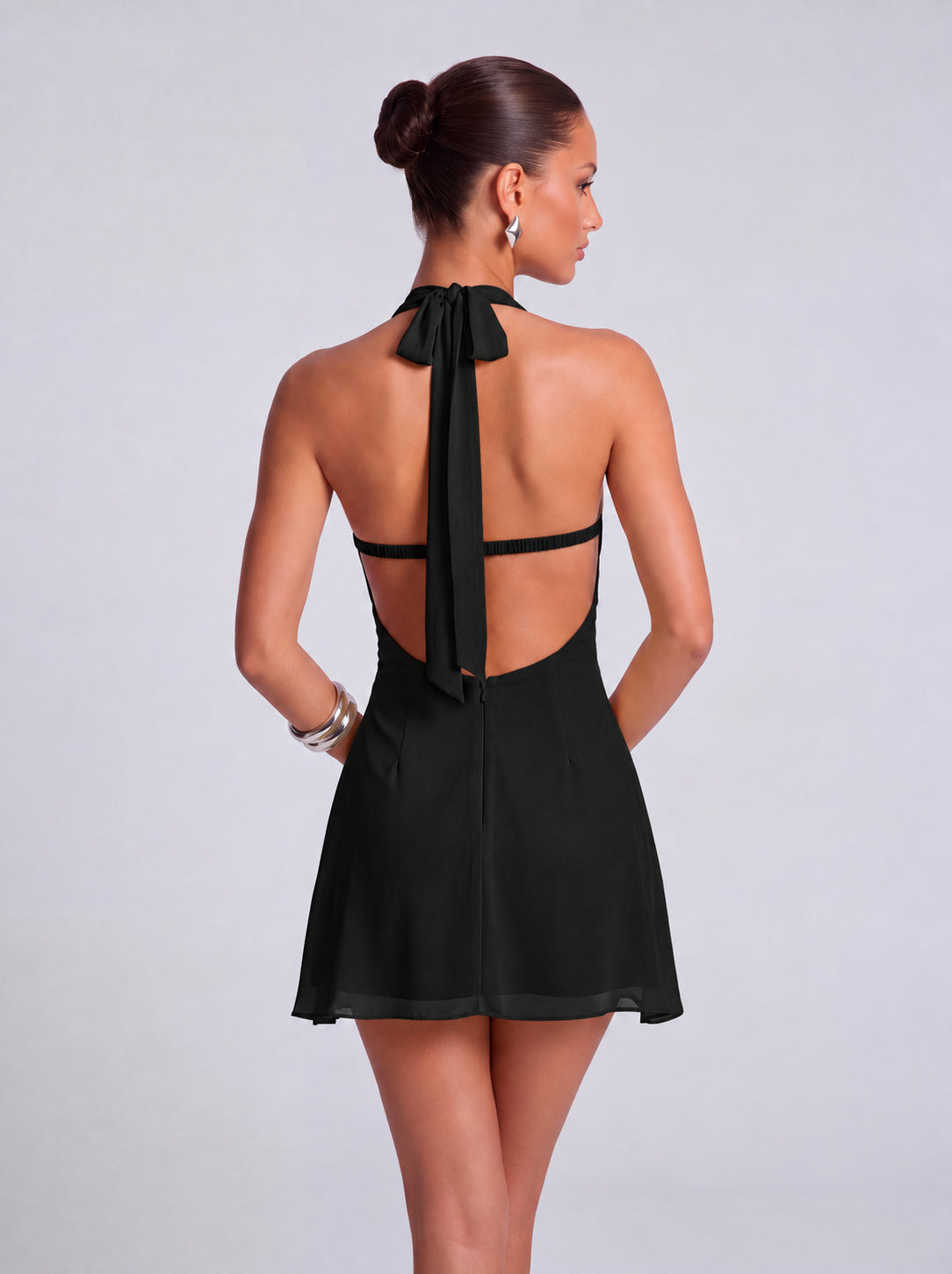 Halter Deep-V Ruched Open-Side Flowy Mini Dress – Party & Cocktail Dress - Black - View 5
