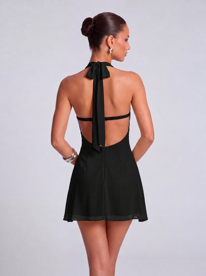 Halter Deep-V Ruched Open-Side Flowy Mini Dress – Party & Cocktail Dress - Black - View 5