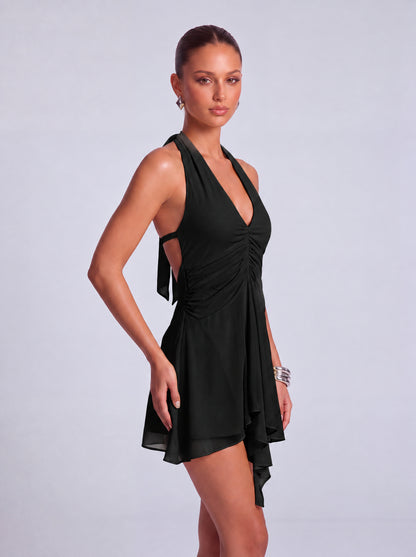 Halter Deep-V Ruched Open-Side Flowy Mini Dress – Party & Cocktail Dress - Black - View 6