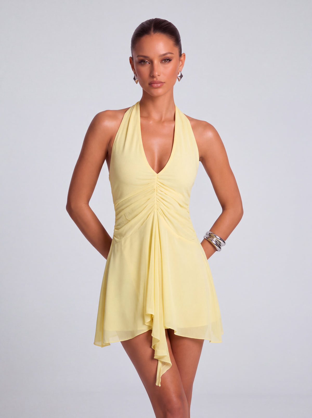 Halter Deep-V Ruched Open-Side Flowy Mini Dress – Party & Cocktail Dress - Butter Yellow - View 1