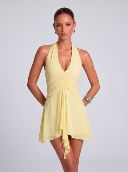 Halter Deep-V Ruched Open-Side Flowy Mini Dress – Party & Cocktail Dress - Butter Yellow - View 1