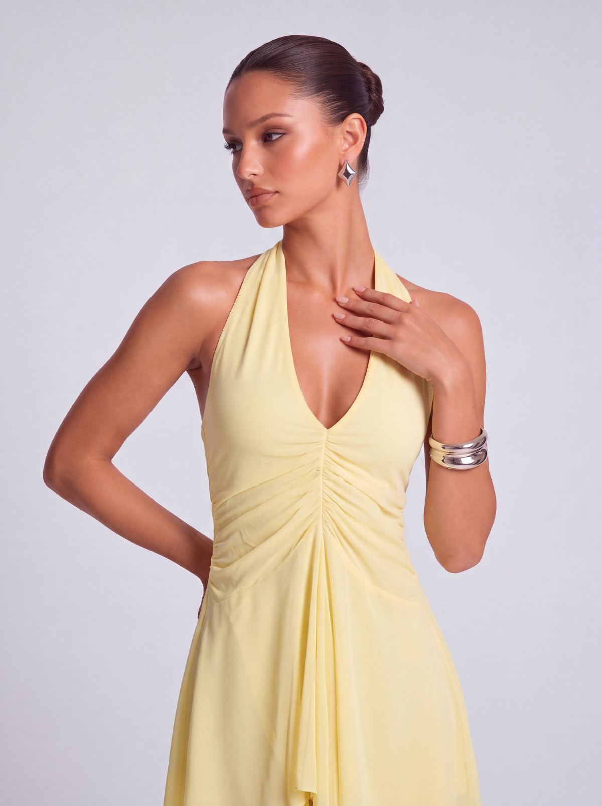 Halter Deep-V Ruched Open-Side Flowy Mini Dress – Party & Cocktail Dress - Butter Yellow - View 2