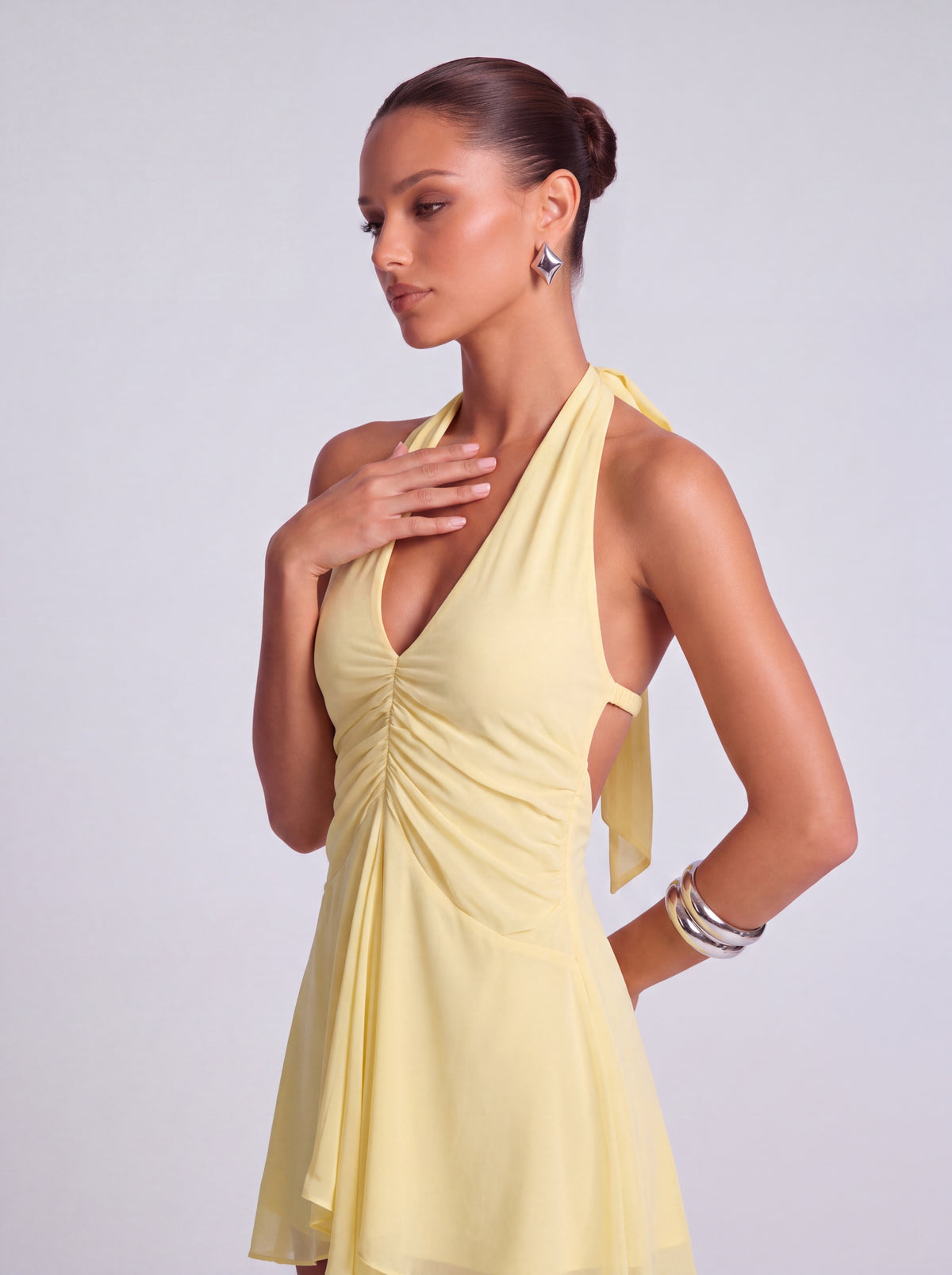 Halter Deep-V Ruched Open-Side Flowy Mini Dress – Party & Cocktail Dress - Butter Yellow - View 3