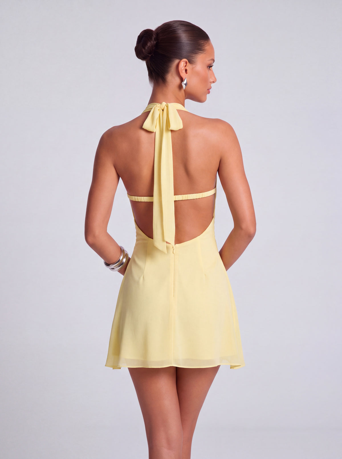 Halter Deep-V Ruched Open-Side Flowy Mini Dress – Party & Cocktail Dress - Butter Yellow - View 5