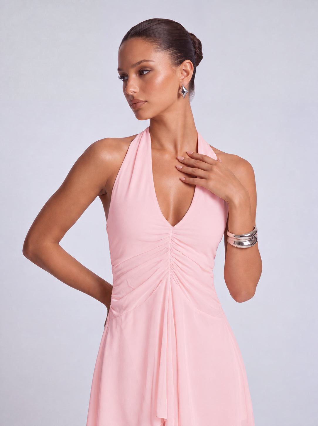 Halter Deep-V Ruched Open-Side Flowy Mini Dress – Party & Cocktail Dress - Light Pink - View 2