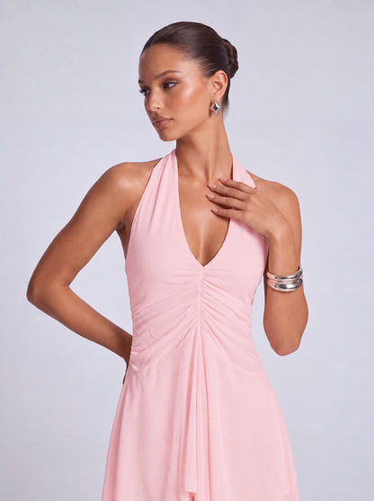 Halter Deep-V Ruched Open-Side Flowy Mini Dress – Party & Cocktail Dress - Light Pink - View 2