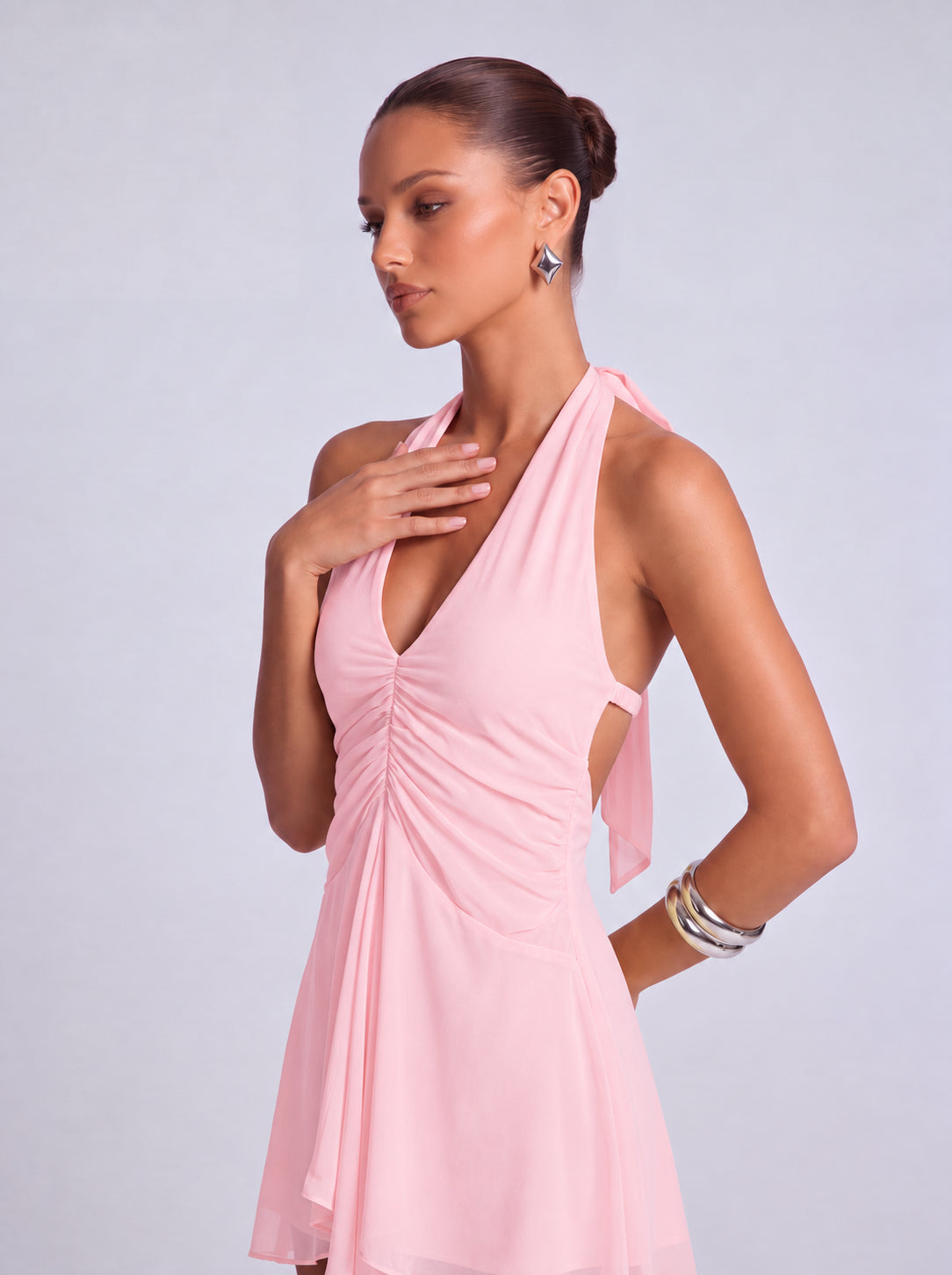 Halter Deep-V Ruched Open-Side Flowy Mini Dress – Party & Cocktail Dress - Light Pink - View 3