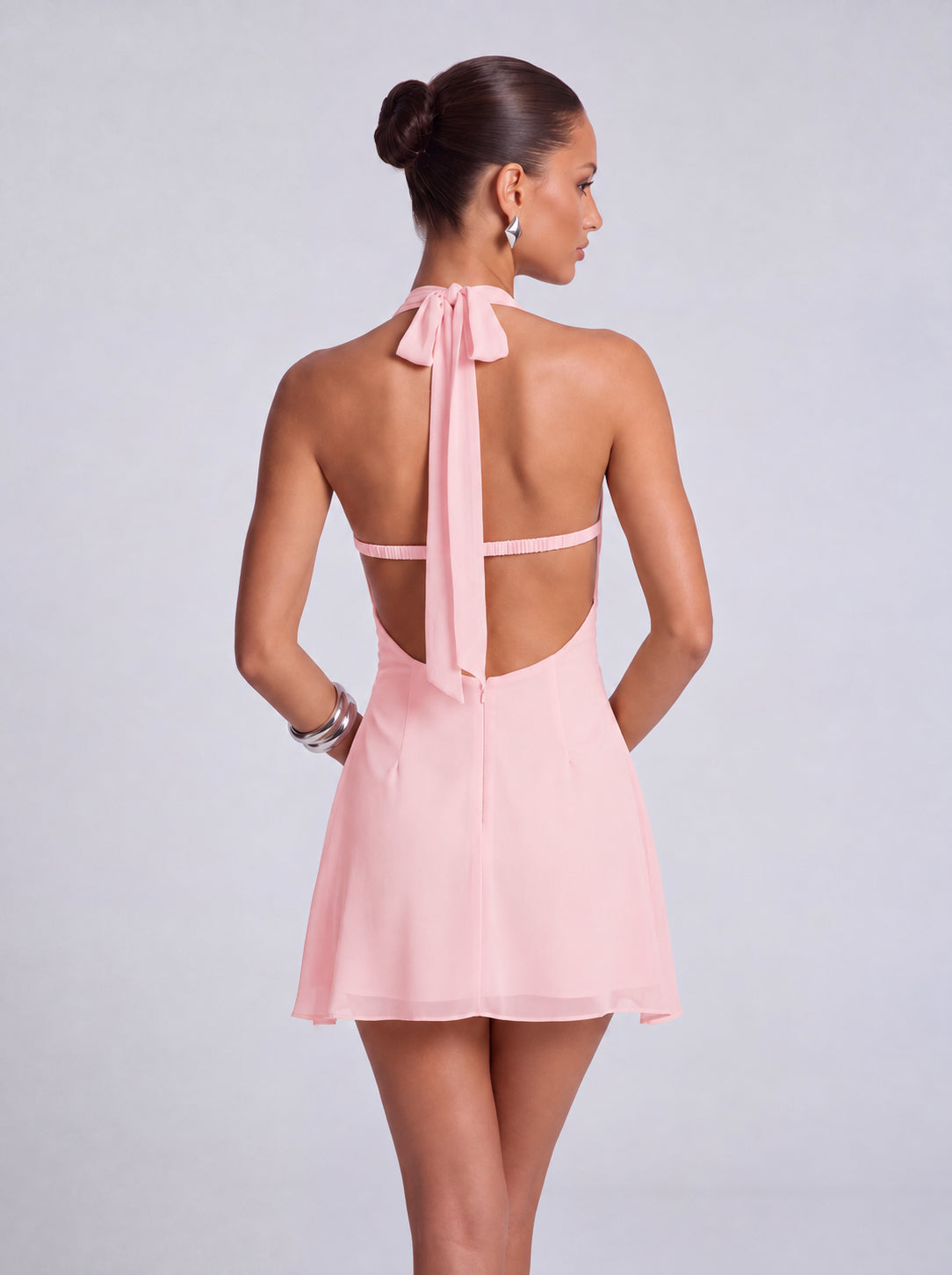Halter Deep-V Ruched Open-Side Flowy Mini Dress – Party & Cocktail Dress - Light Pink - View 5