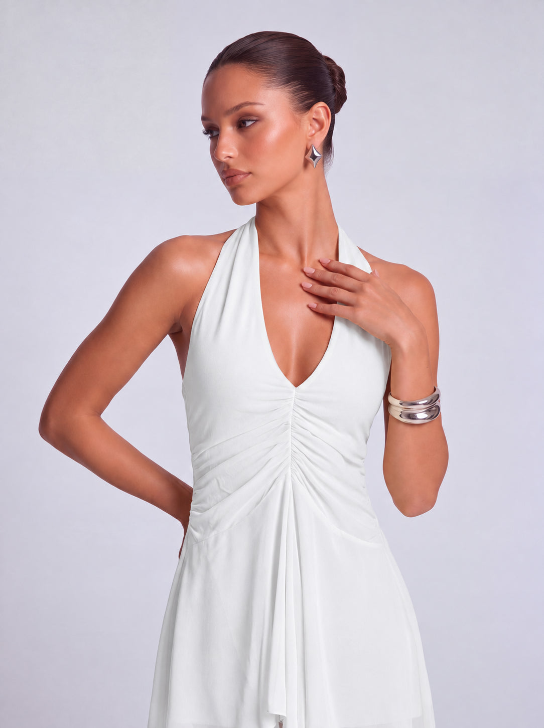 Halter Deep-V Ruched Open-Side Flowy Mini Dress – Party & Cocktail Dress - White - View 2