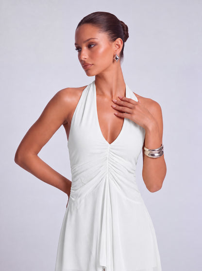 Halter Deep-V Ruched Open-Side Flowy Mini Dress – Party & Cocktail Dress - White - View 2