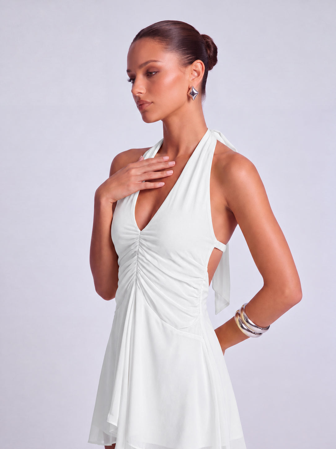 Halter Deep-V Ruched Open-Side Flowy Mini Dress – Party & Cocktail Dress - White - View 3