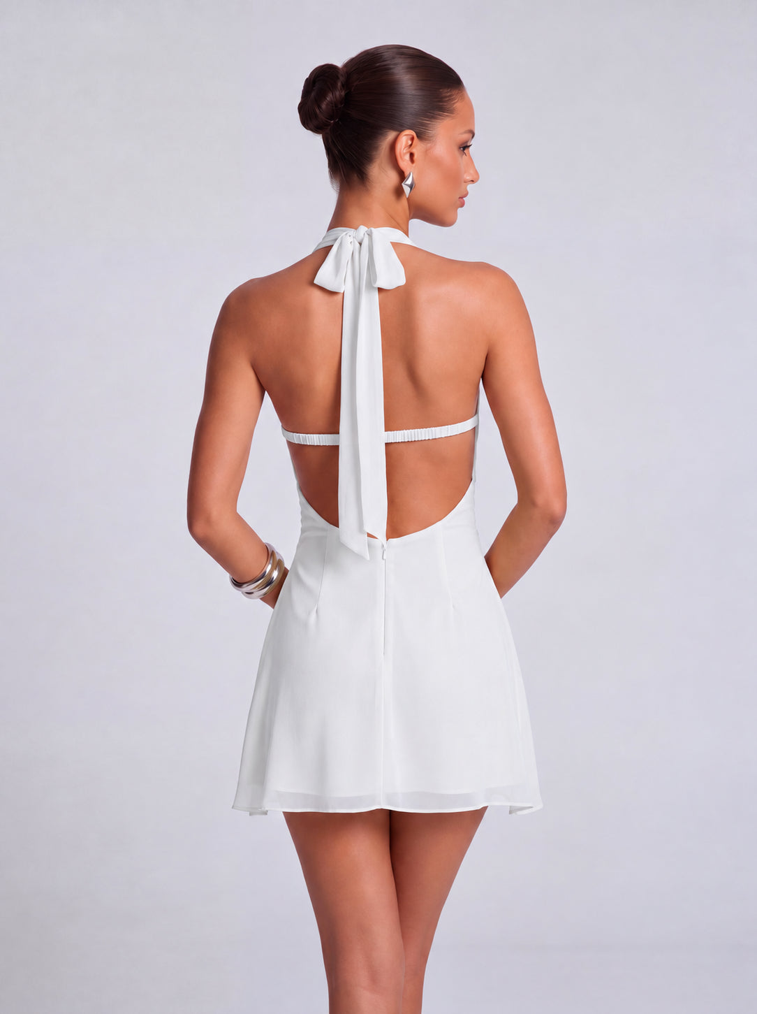 Halter Deep-V Ruched Open-Side Flowy Mini Dress – Party & Cocktail Dress - White - View 5