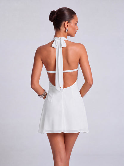 Halter Deep-V Ruched Open-Side Flowy Mini Dress – Party & Cocktail Dress - White - View 5