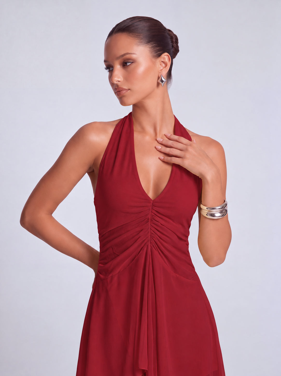 Halter Deep-V Ruched Open-Side Flowy Mini Dress – Party & Cocktail Dress - Wine Red - View 2