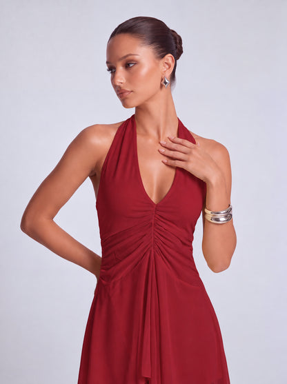 Halter Deep-V Ruched Open-Side Flowy Mini Dress – Party & Cocktail Dress - Wine Red - View 2