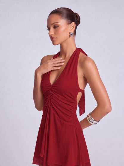 Halter Deep-V Ruched Open-Side Flowy Mini Dress – Party & Cocktail Dress - Wine Red - View 3