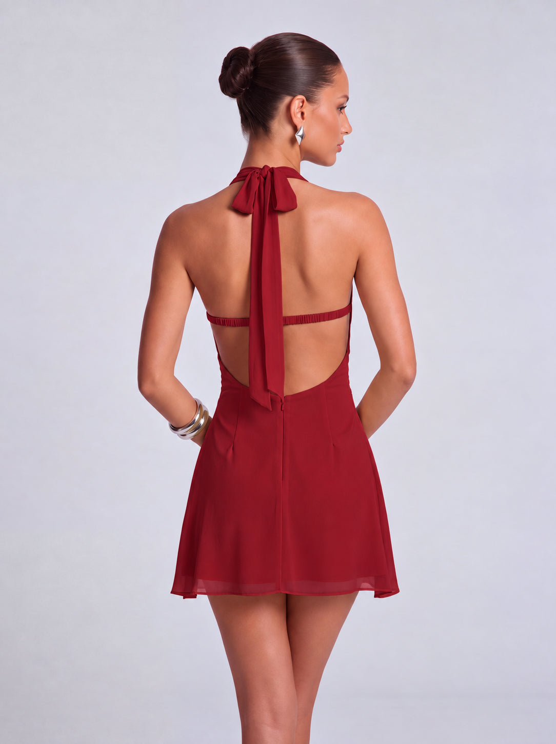 Halter Deep-V Ruched Open-Side Flowy Mini Dress – Party & Cocktail Dress - Wine Red - View 5