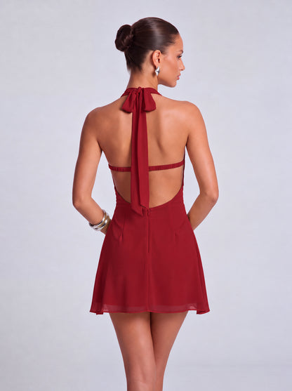 Halter Deep-V Ruched Open-Side Flowy Mini Dress – Party & Cocktail Dress - Wine Red - View 5