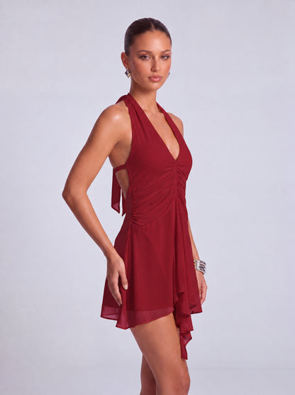 Halter Deep-V Ruched Open-Side Flowy Mini Dress – Party & Cocktail Dress - Wine Red - View 6