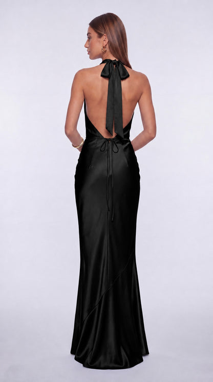 Satin Cowl Neck Halter Open Back Ruched Mermaid Maxi Dress – Prom & Wedding Guest Gown - Black - View 4