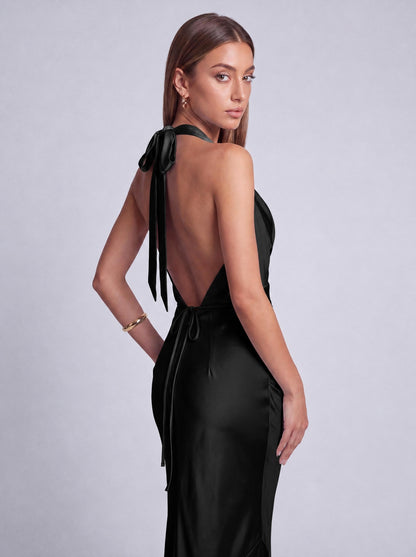 Satin Cowl Neck Halter Open Back Ruched Mermaid Maxi Dress – Prom & Wedding Guest Gown - Black - View 7