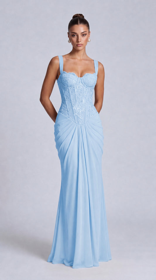 Floral Lace Corset Lace-Up Back Ruched Mermaid Maxi Dress – Prom & Wedding Guest Gown - Baby Blue - View 1