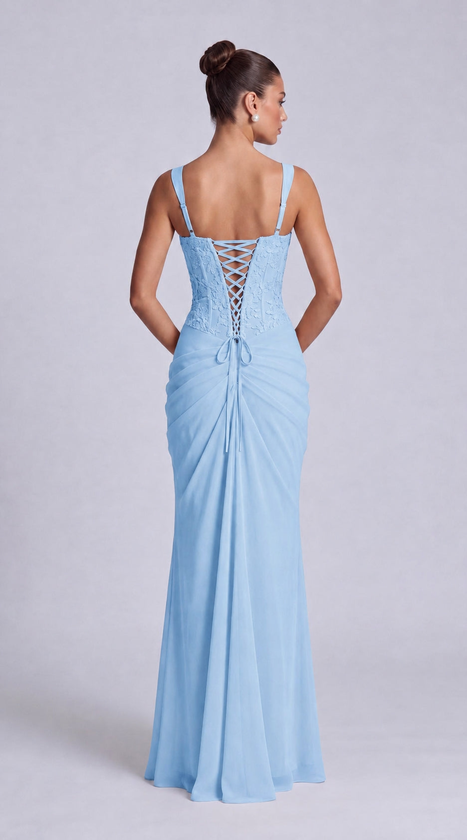 Floral Lace Corset Lace-Up Back Ruched Mermaid Maxi Dress – Prom & Wedding Guest Gown - Baby Blue - View 3