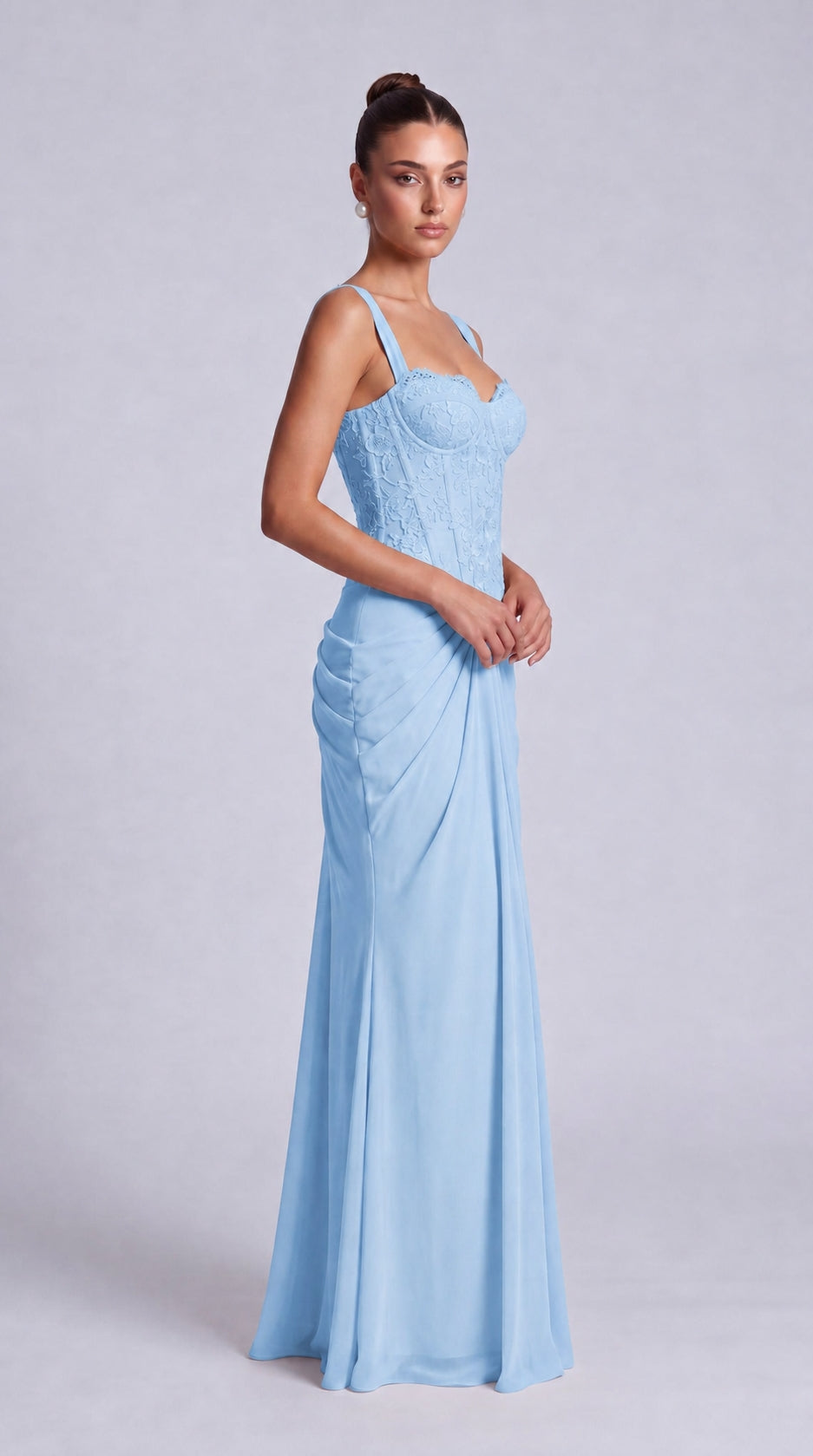 Floral Lace Corset Lace-Up Back Ruched Mermaid Maxi Dress – Prom & Wedding Guest Gown - Baby Blue - View 5