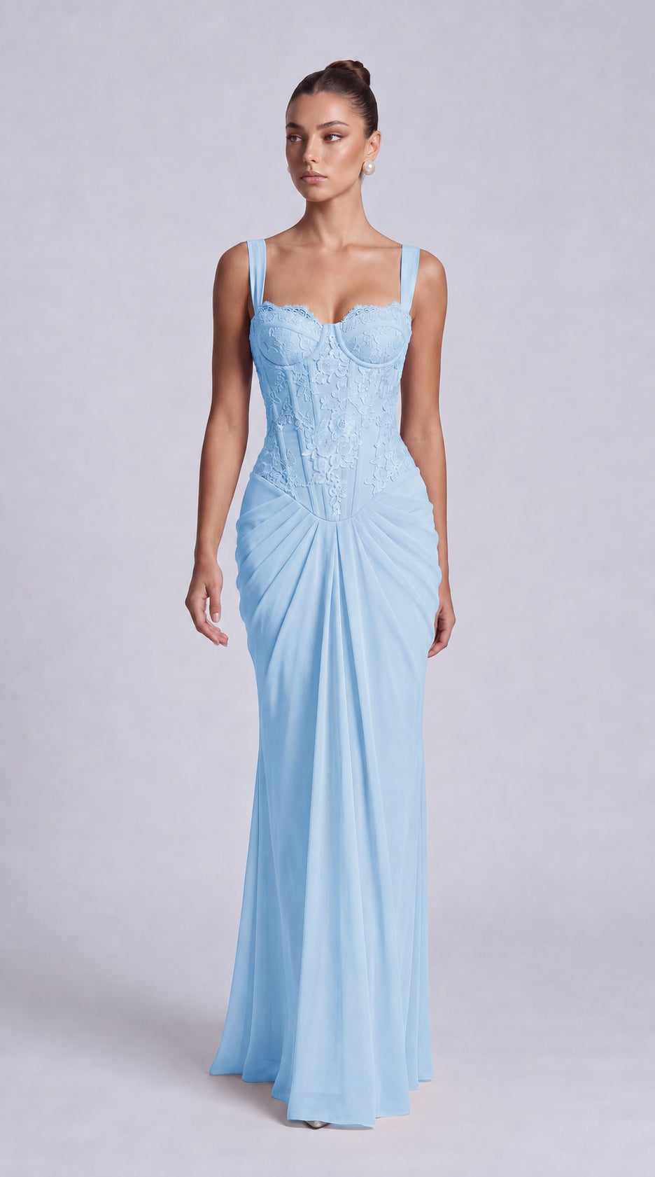 Floral Lace Corset Lace-Up Back Ruched Mermaid Maxi Dress – Prom & Wedding Guest Gown - Baby Blue - View 6