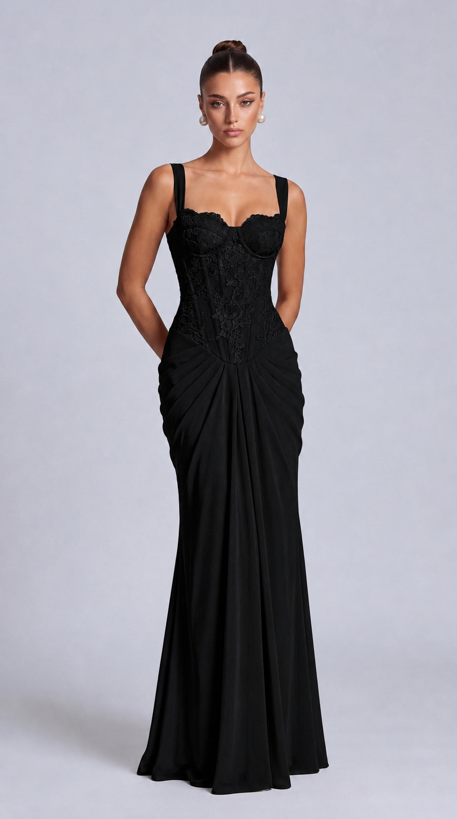 Floral Lace Corset Lace-Up Back Ruched Mermaid Maxi Dress – Prom & Wedding Guest Gown - Black - View 1