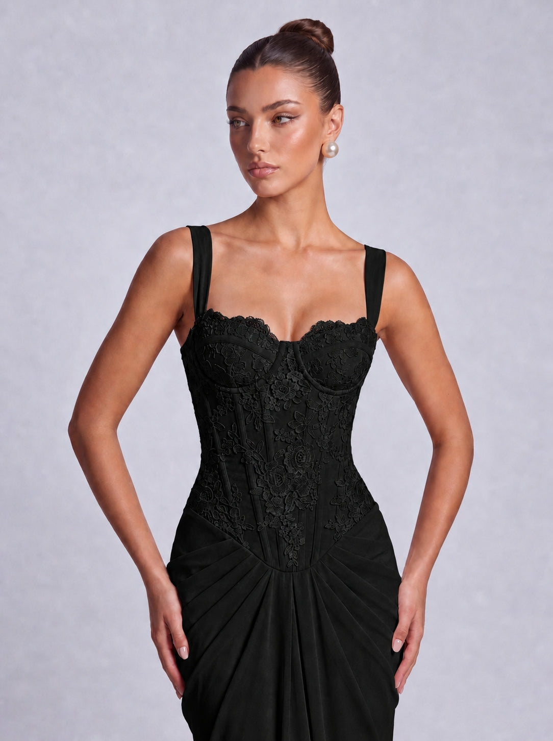 Floral Lace Corset Lace-Up Back Ruched Mermaid Maxi Dress – Prom & Wedding Guest Gown - Black - View 2