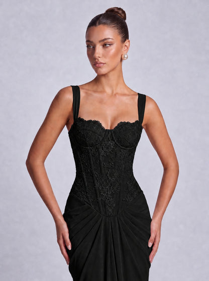 Floral Lace Corset Lace-Up Back Ruched Mermaid Maxi Dress – Prom & Wedding Guest Gown - Black - View 2