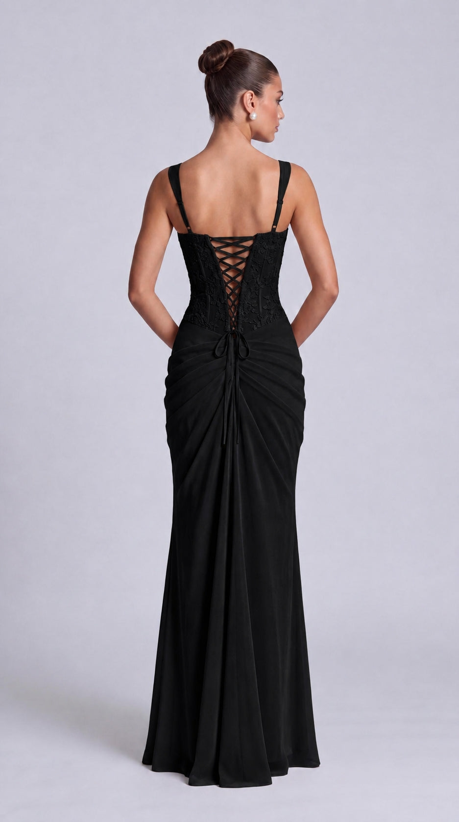 Floral Lace Corset Lace-Up Back Ruched Mermaid Maxi Dress – Prom & Wedding Guest Gown - Black - View 3