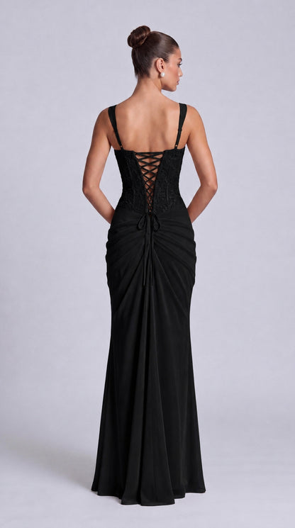 Floral Lace Corset Lace-Up Back Ruched Mermaid Maxi Dress – Prom & Wedding Guest Gown - Black - View 3