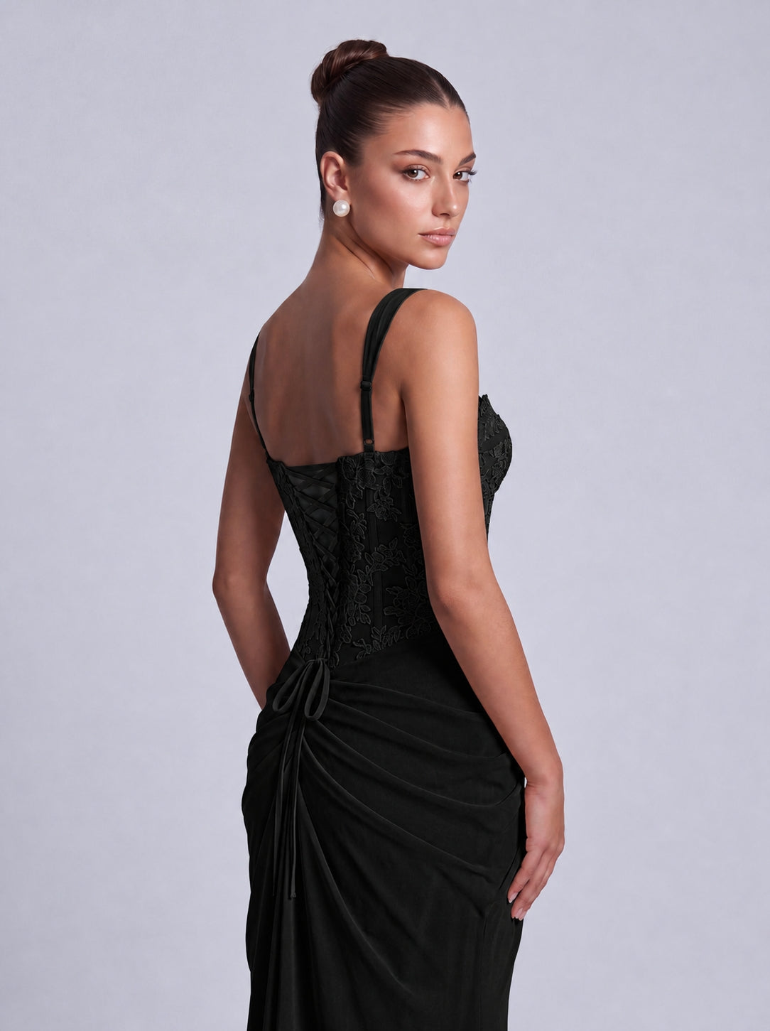 Floral Lace Corset Lace-Up Back Ruched Mermaid Maxi Dress – Prom & Wedding Guest Gown - Black - View 4