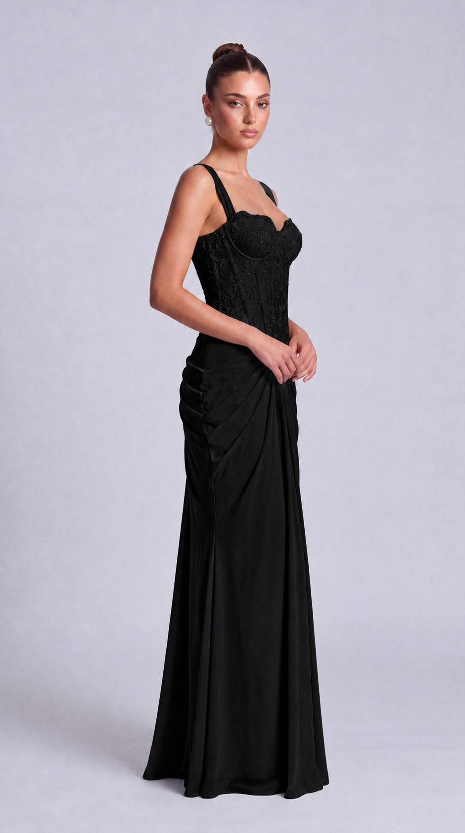 Floral Lace Corset Lace-Up Back Ruched Mermaid Maxi Dress – Prom & Wedding Guest Gown - Black - View 5
