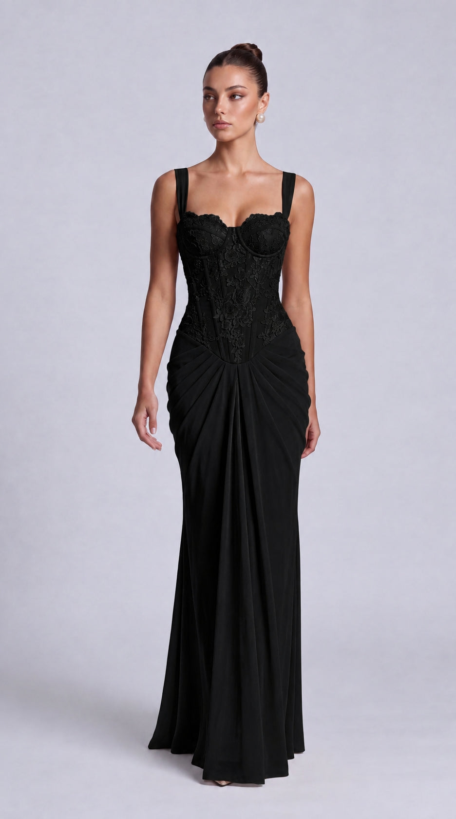 Floral Lace Corset Lace-Up Back Ruched Mermaid Maxi Dress – Prom & Wedding Guest Gown - Black - View 6