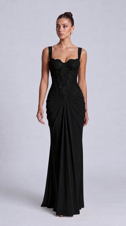 Floral Lace Corset Lace-Up Back Ruched Mermaid Maxi Dress – Prom & Wedding Guest Gown - Black - View 6