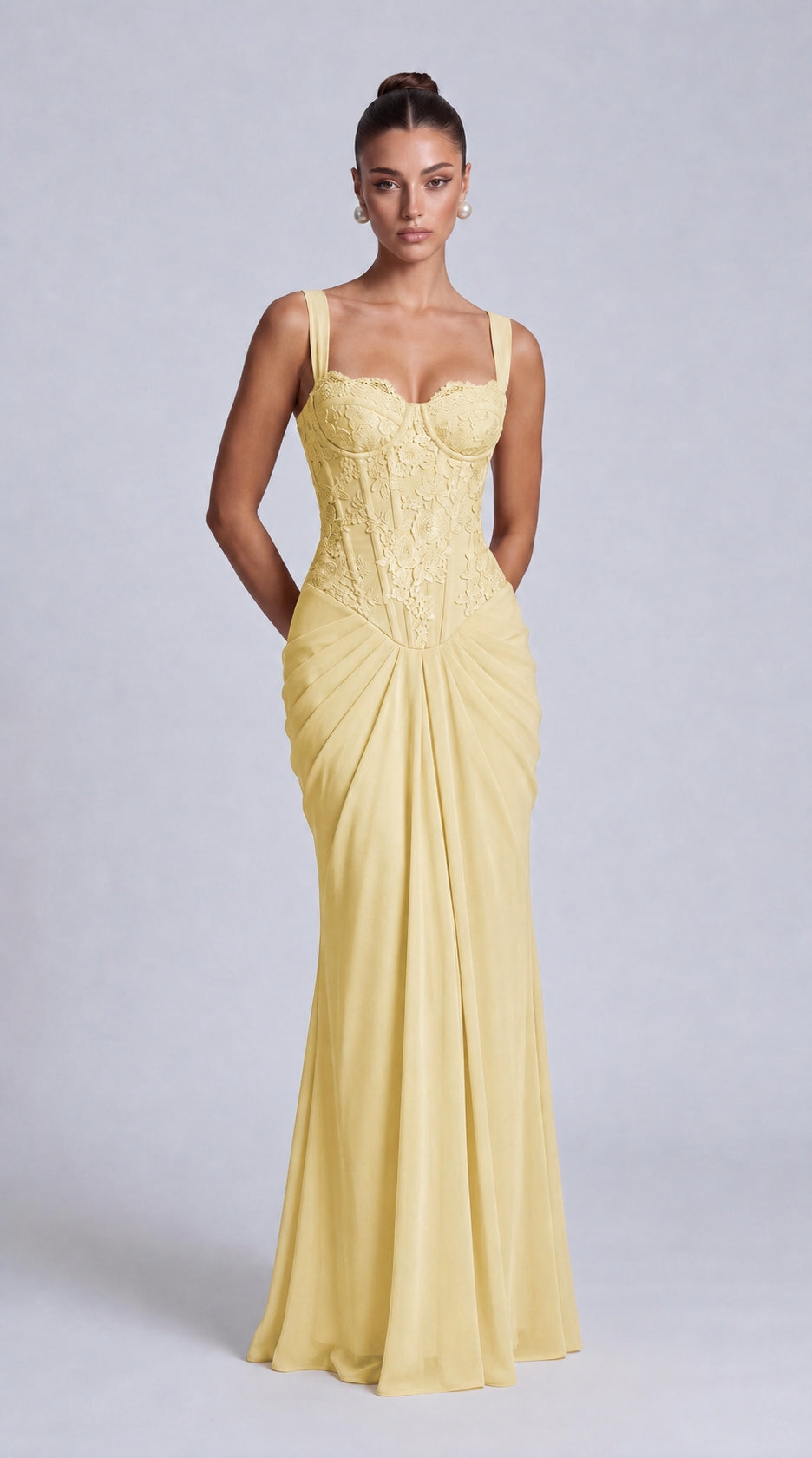 Floral Lace Corset Lace-Up Back Ruched Mermaid Maxi Dress – Prom & Wedding Guest Gown - Butter Yellow - View 1