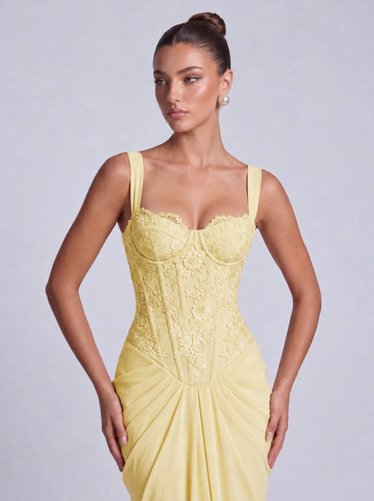 Floral Lace Corset Lace-Up Back Ruched Mermaid Maxi Dress – Prom & Wedding Guest Gown - Butter Yellow - View 2