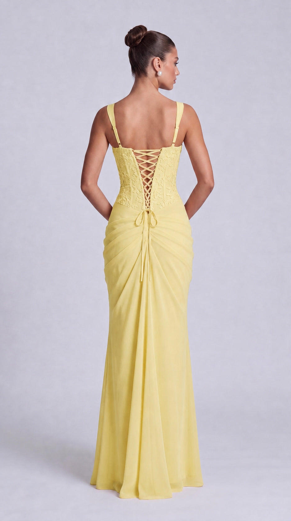 Floral Lace Corset Lace-Up Back Ruched Mermaid Maxi Dress – Prom & Wedding Guest Gown - Butter Yellow - View 3
