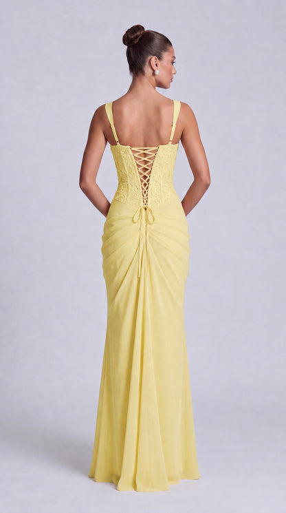 Floral Lace Corset Lace-Up Back Ruched Mermaid Maxi Dress – Prom & Wedding Guest Gown - Butter Yellow - View 3