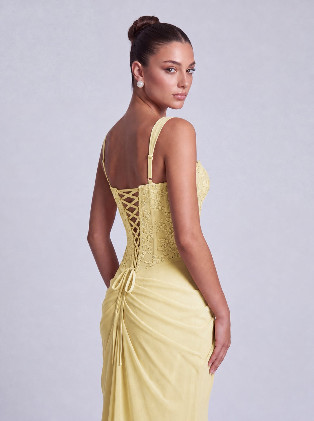 Floral Lace Corset Lace-Up Back Ruched Mermaid Maxi Dress – Prom & Wedding Guest Gown - Butter Yellow - View 4