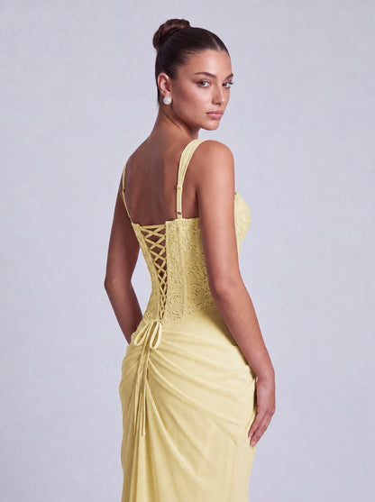 Floral Lace Corset Lace-Up Back Ruched Mermaid Maxi Dress – Prom & Wedding Guest Gown - Butter Yellow - View 4