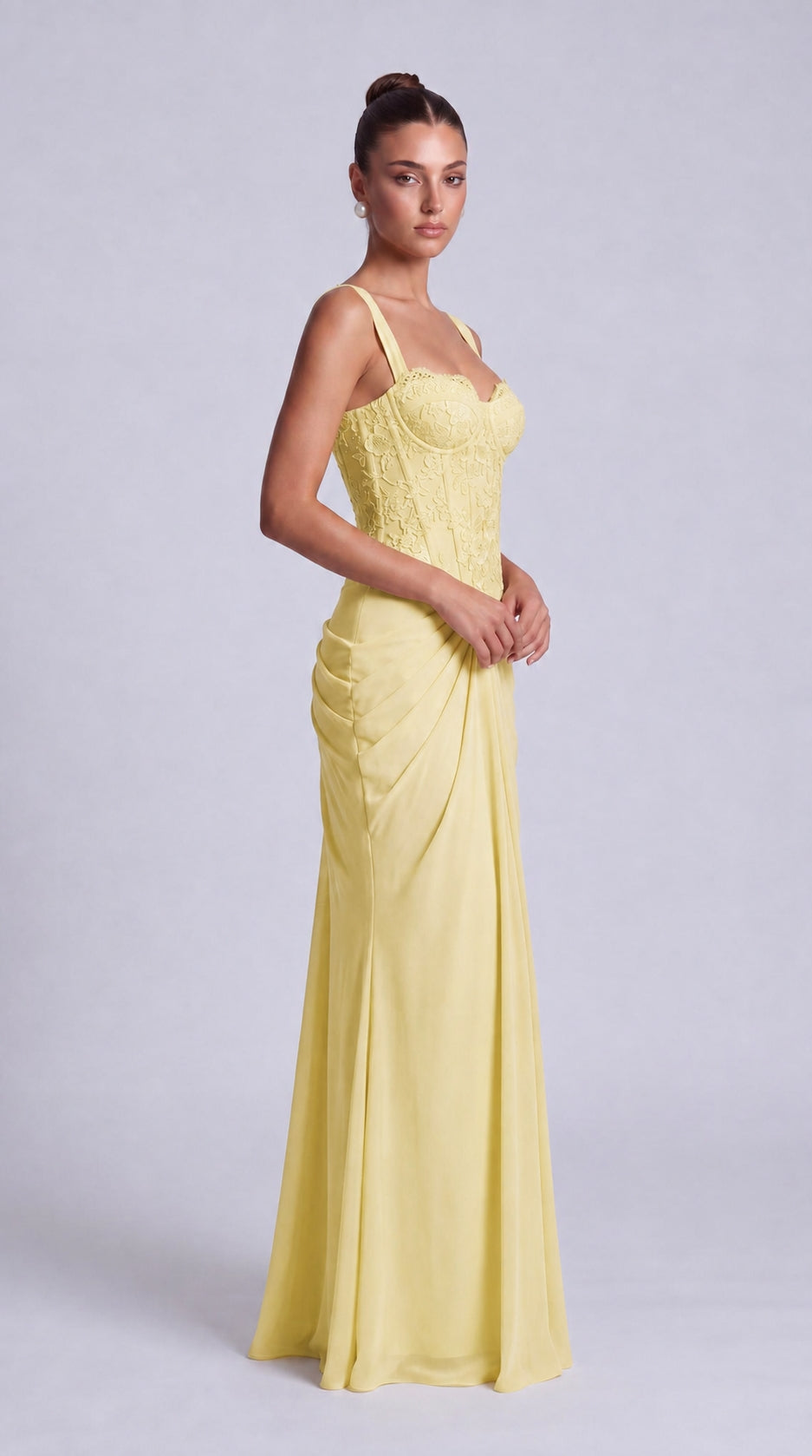 Floral Lace Corset Lace-Up Back Ruched Mermaid Maxi Dress – Prom & Wedding Guest Gown - Butter Yellow - View 5