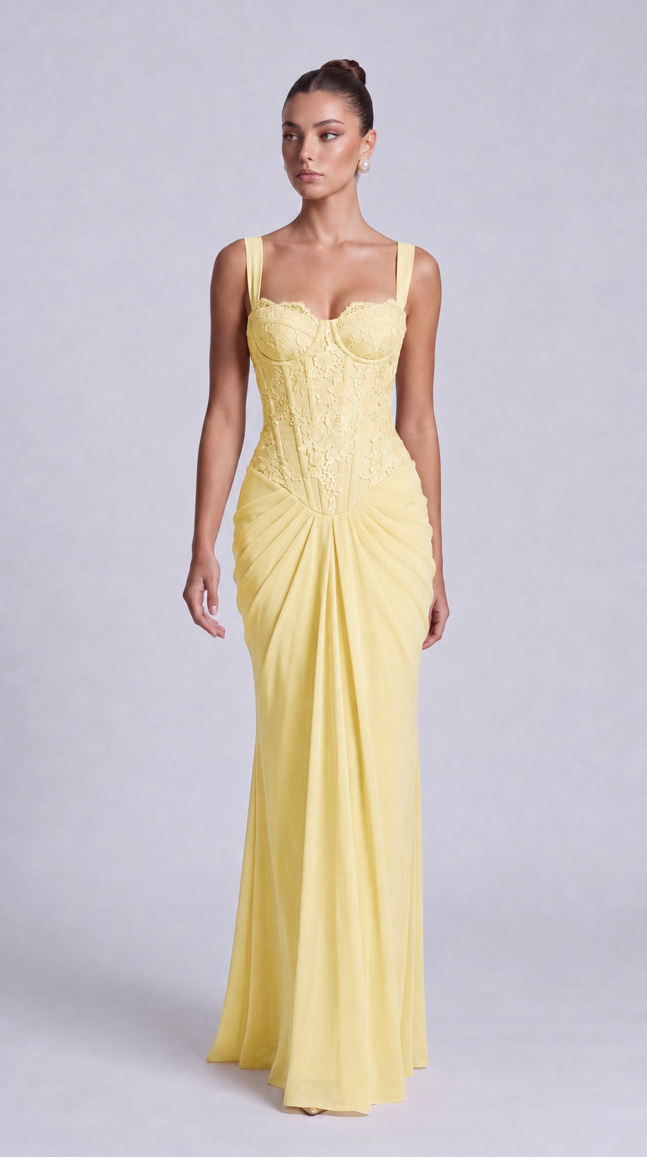 Floral Lace Corset Lace-Up Back Ruched Mermaid Maxi Dress – Prom & Wedding Guest Gown - Butter Yellow - View 6